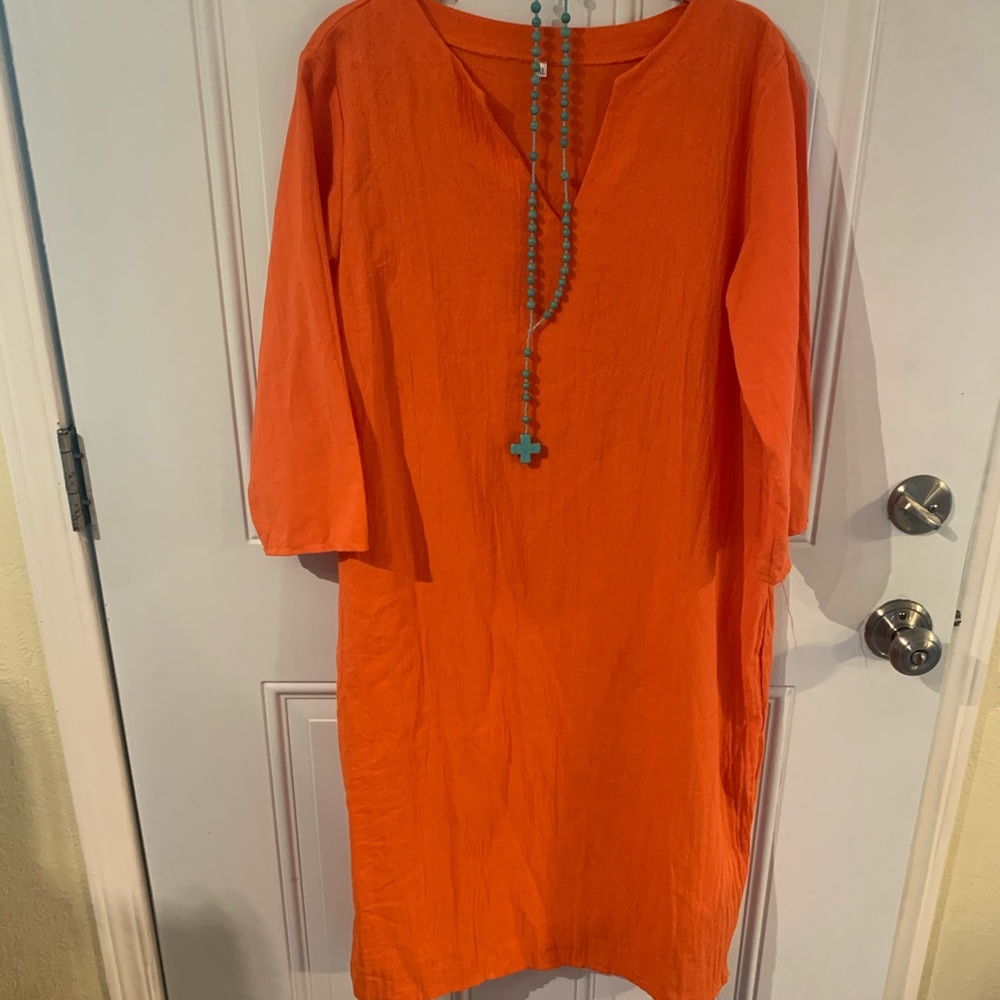 3/4 sleeve orange dress